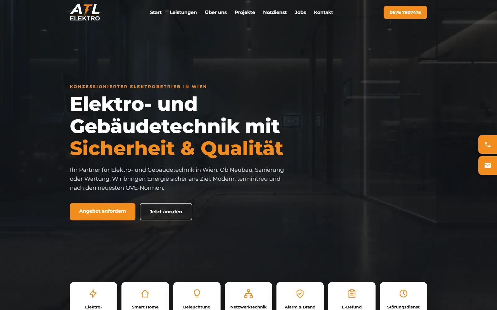 The ATL-Elektro website: a dark hero with the German headline Elektro- und Gebäudetechnik mit Sicherheit und Qualität
