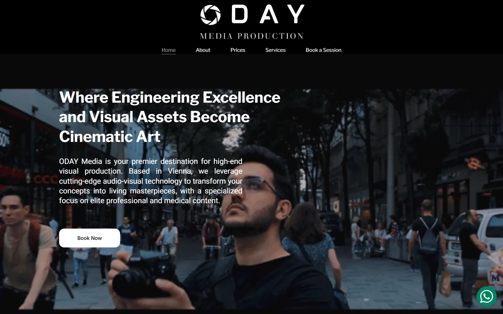 The Oday Media Production website: a filmmaker with a camera on a Vienna street under the headline Where Engineering Excellence and Visual Assets Become Cinematic Art